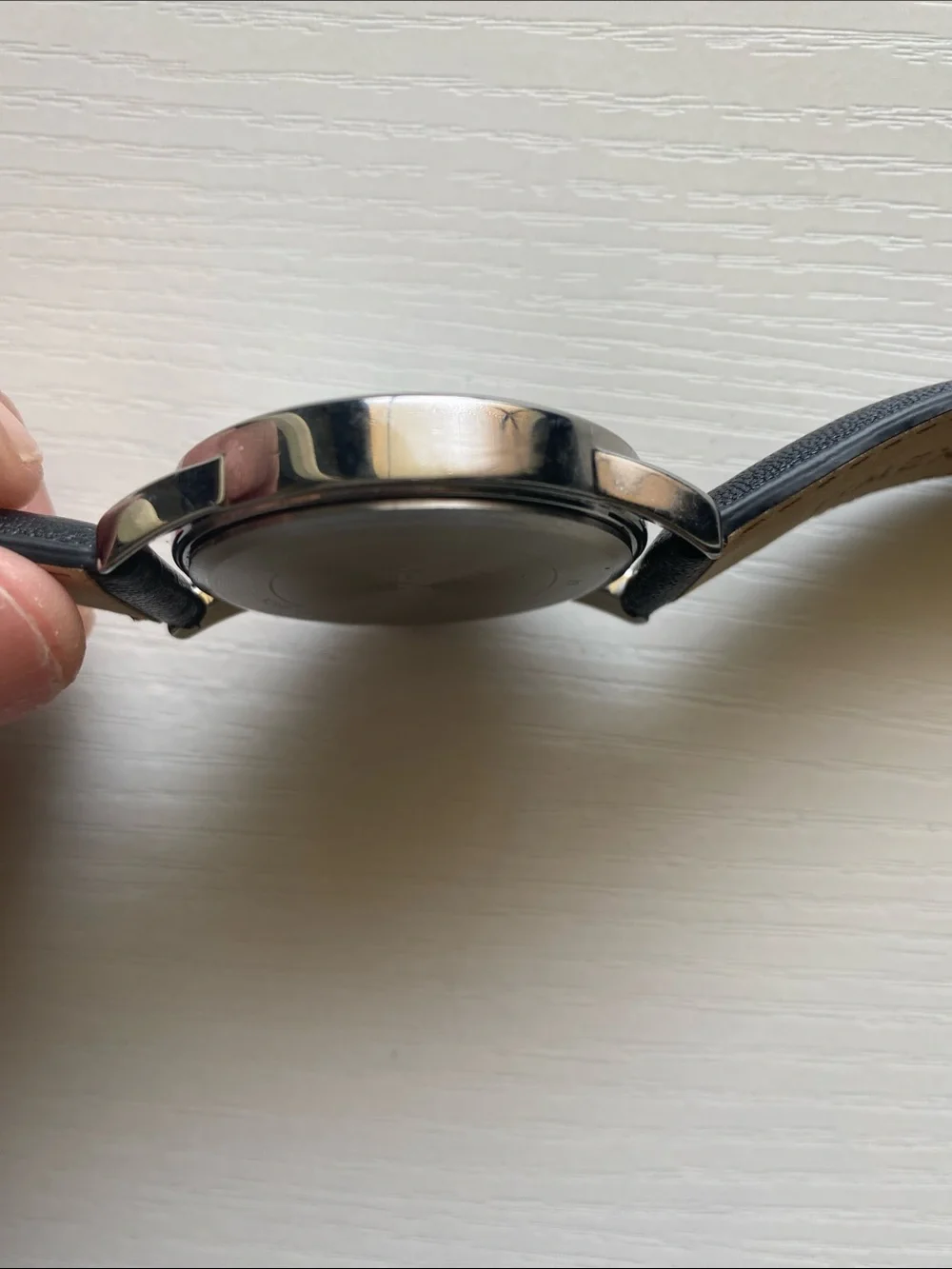 Timex Silver Case Watch with Black Leather Strap and White Dial
